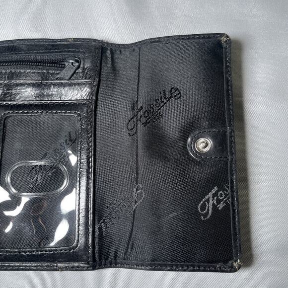 Women’s Fossil Four Fold Wallet Leather Black Snap Closure Zipper Broken In - Picture 7 of 11